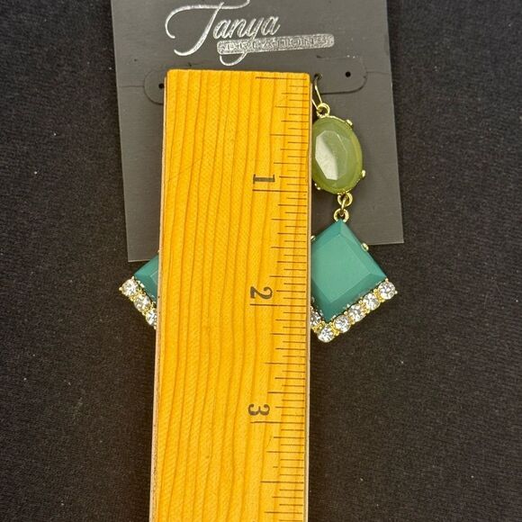 Gold and Green Teardrop Earrings with Glossy Finish 2.25 inch - Picture 4 of 5